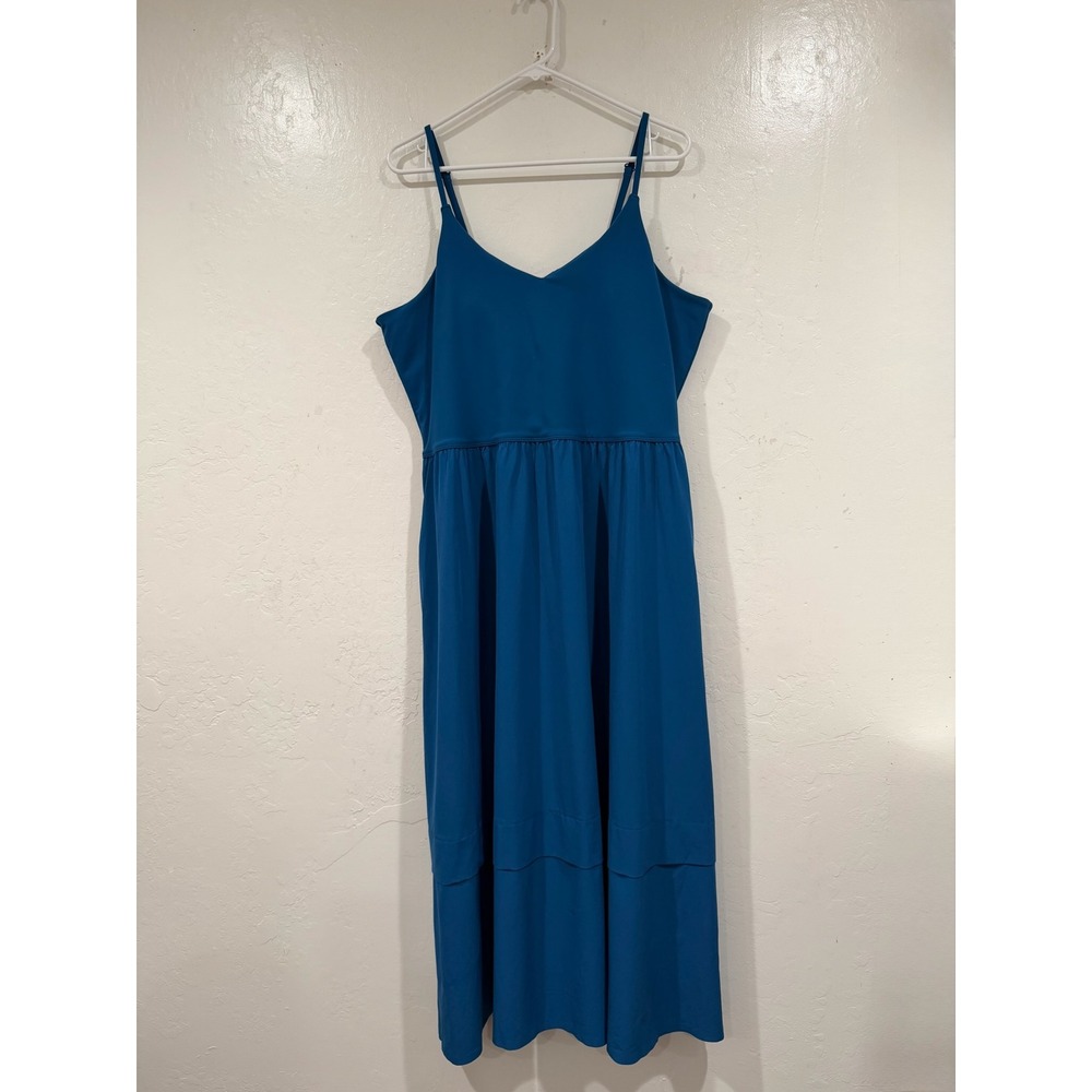 Athleta Presidio Dress Blue V-Neck Tiered Midi Adjustable Straps Pockets XL - Picture 2 of 7